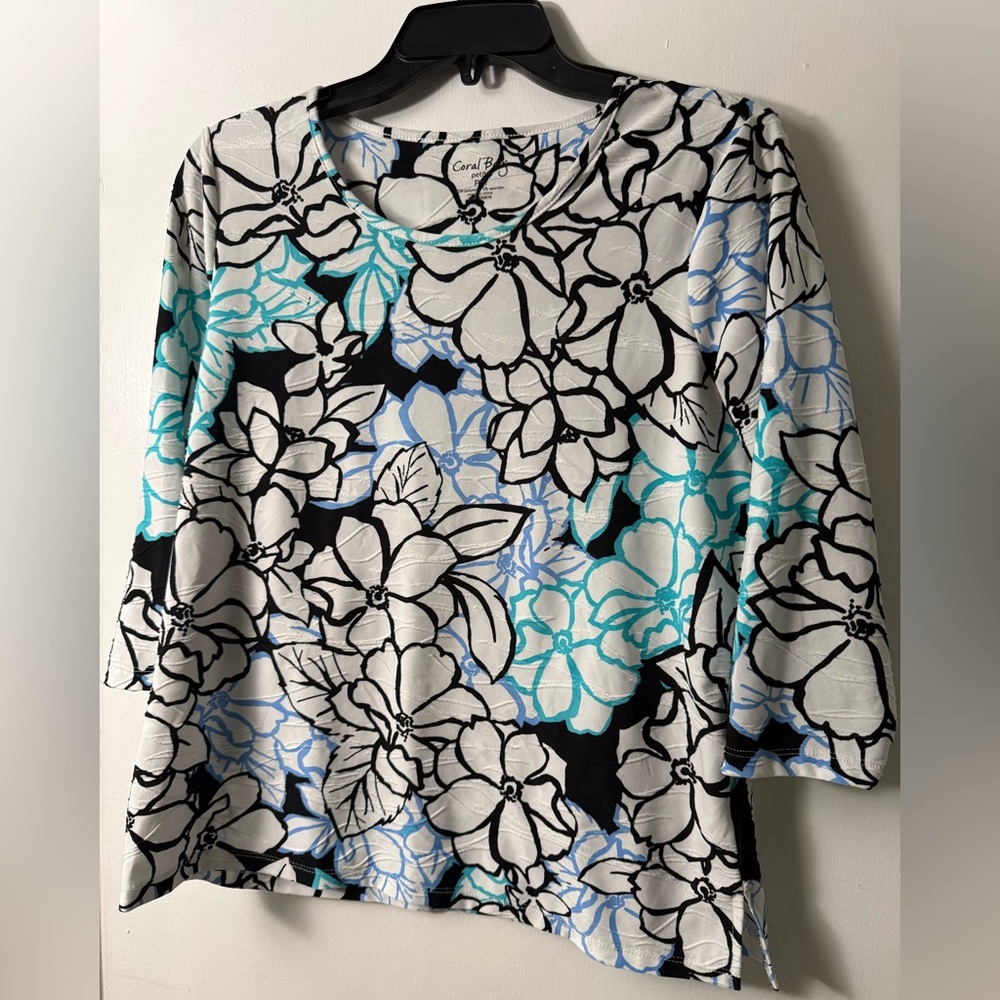 Coral Bay Black, White & Aqua Floral Long Sleeve Crewneck Top